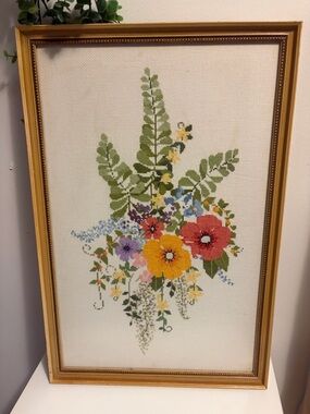 Vintage Yarn Crewel Embroidered Flowers Summer Meadow Wall Art Picture Framed